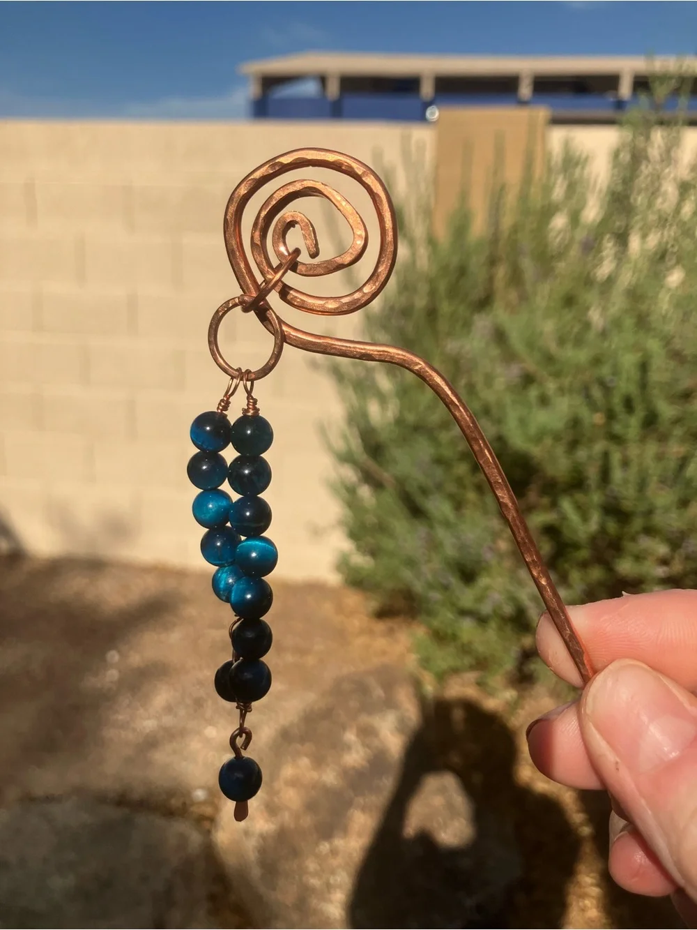 Handcrafted Hammered Copper Hair Pin with Blue Bead Dangles